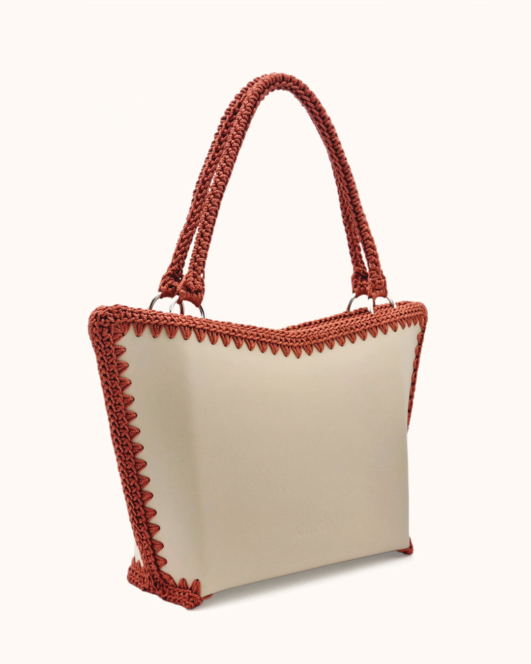 Bolso shopper grande artesanal Tatyana L beige y óxido de cuero y crochet - Hecho a mano por Cueché