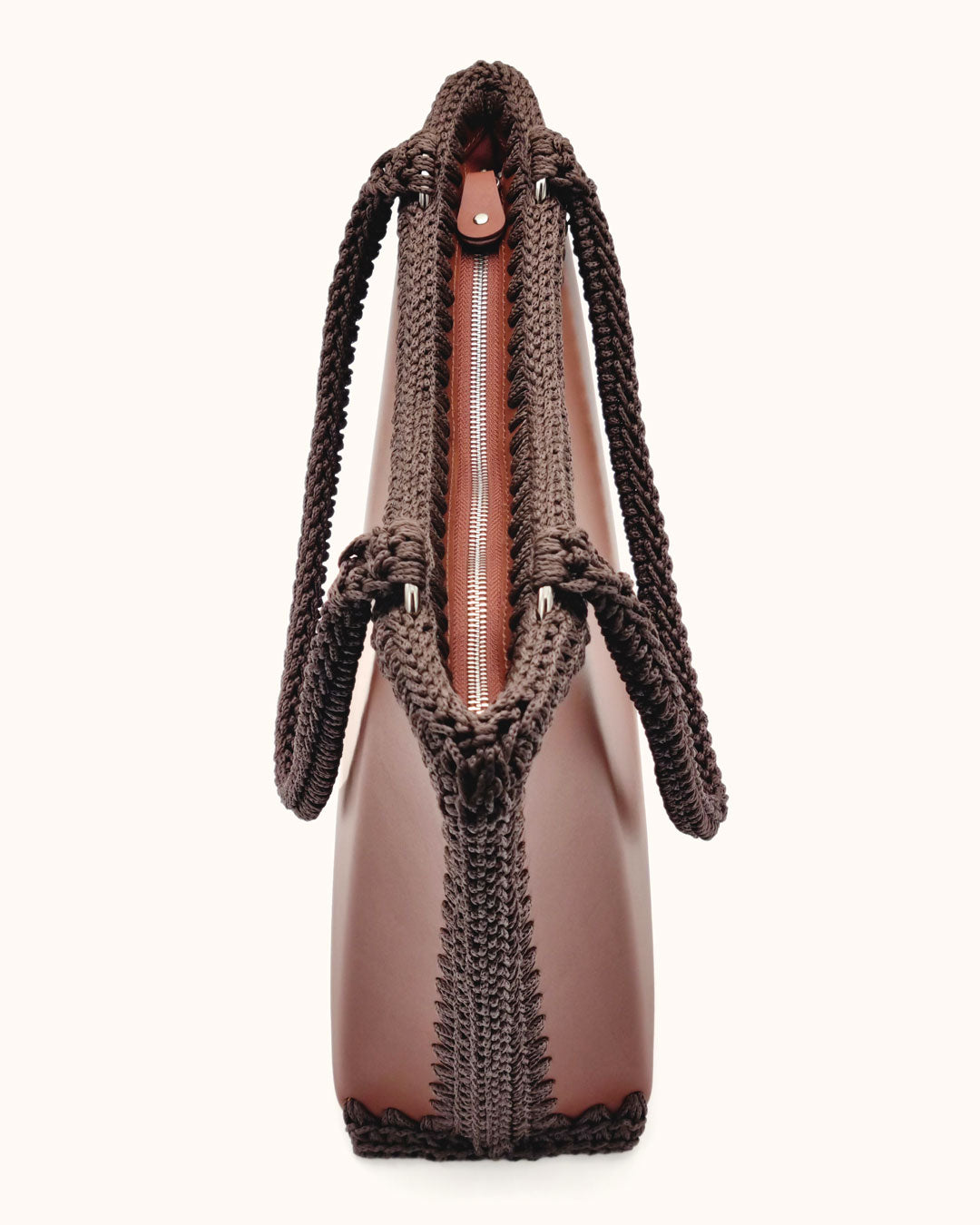 Bolso shopper grande artesanal Tatyana L marrón de cuero y crochet - Hecho a mano por Cueché