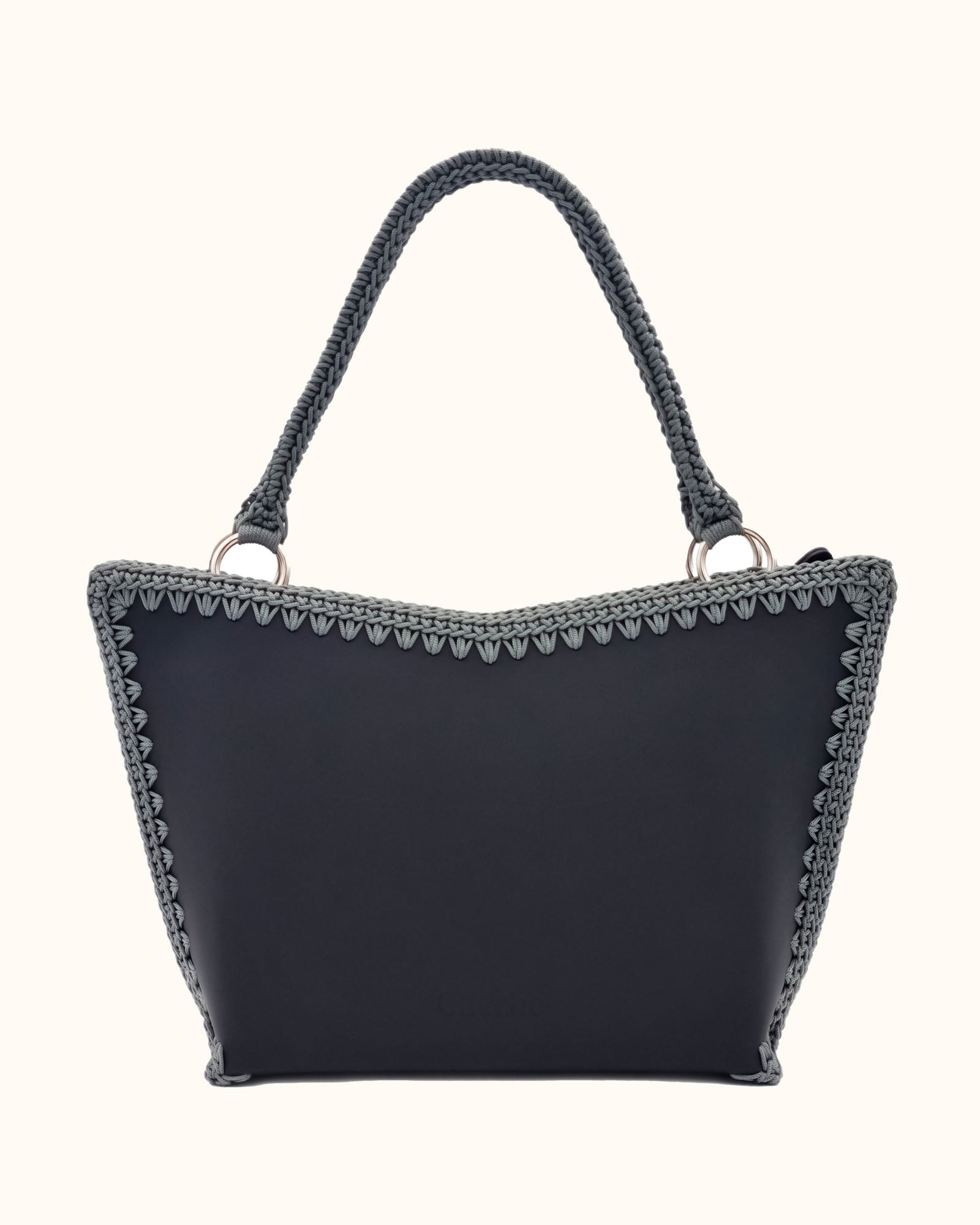 Bolso shopper grande artesanal Tatyana L negro y gris de cuero y crochet - Hecho a mano por Cueché
