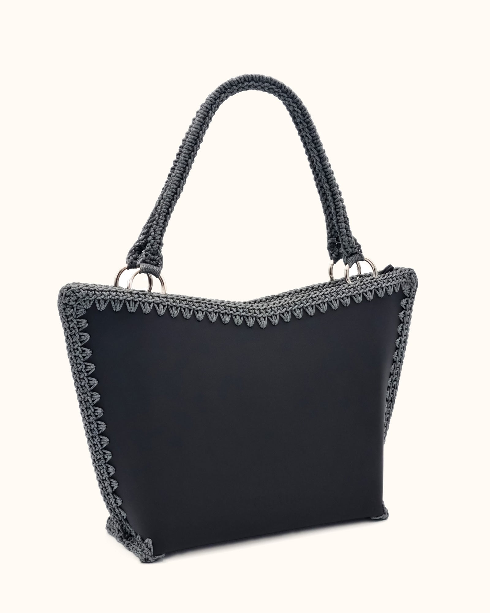 Bolso shopper grande artesanal Tatyana L negro y gris de cuero y crochet - Hecho a mano por Cueché