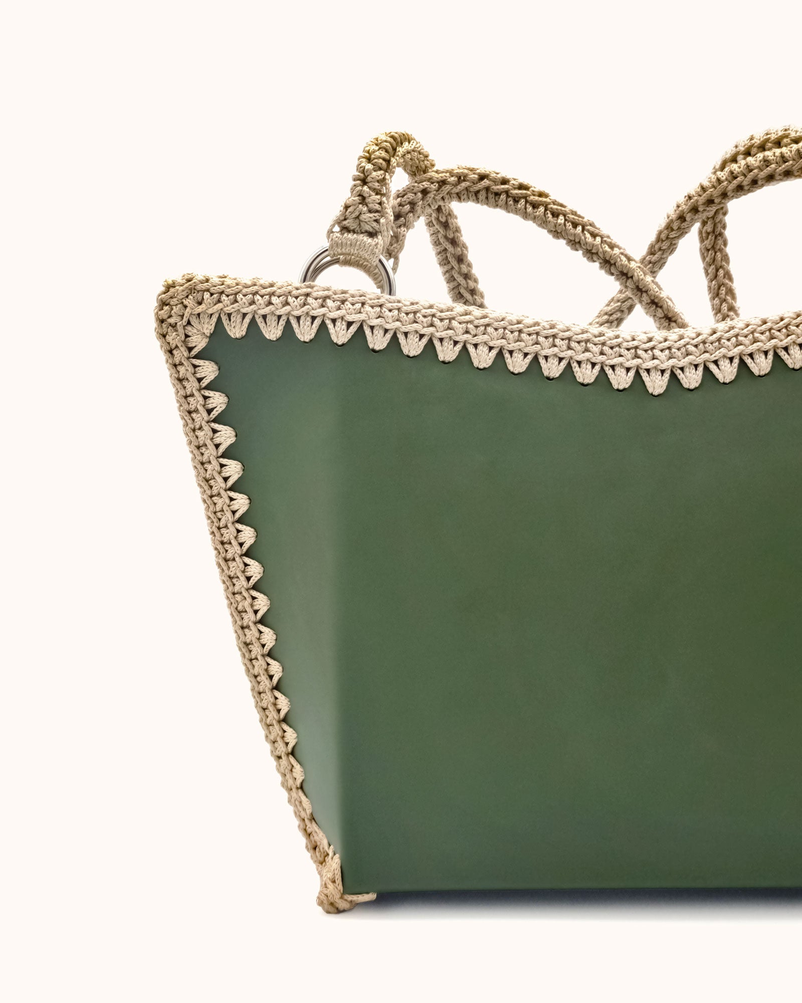 Bolso shopper grande artesanal Tatyana L verde y beige de cuero y crochet - Hecho a mano por Cueché