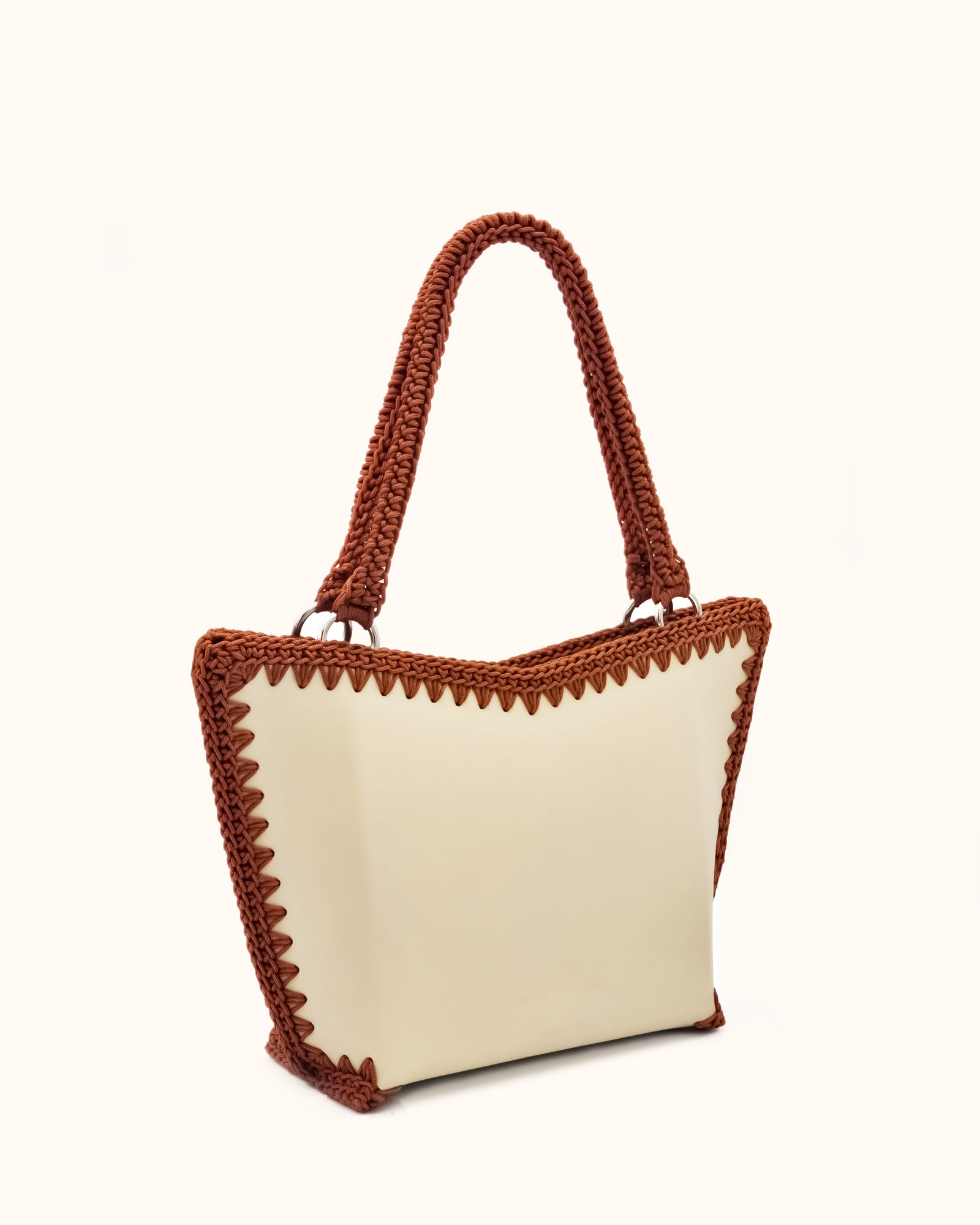 Bolso shopper mediano artesanal Tatyana M beige y marron de cuero y crochet - Hecho a mano por Cueché