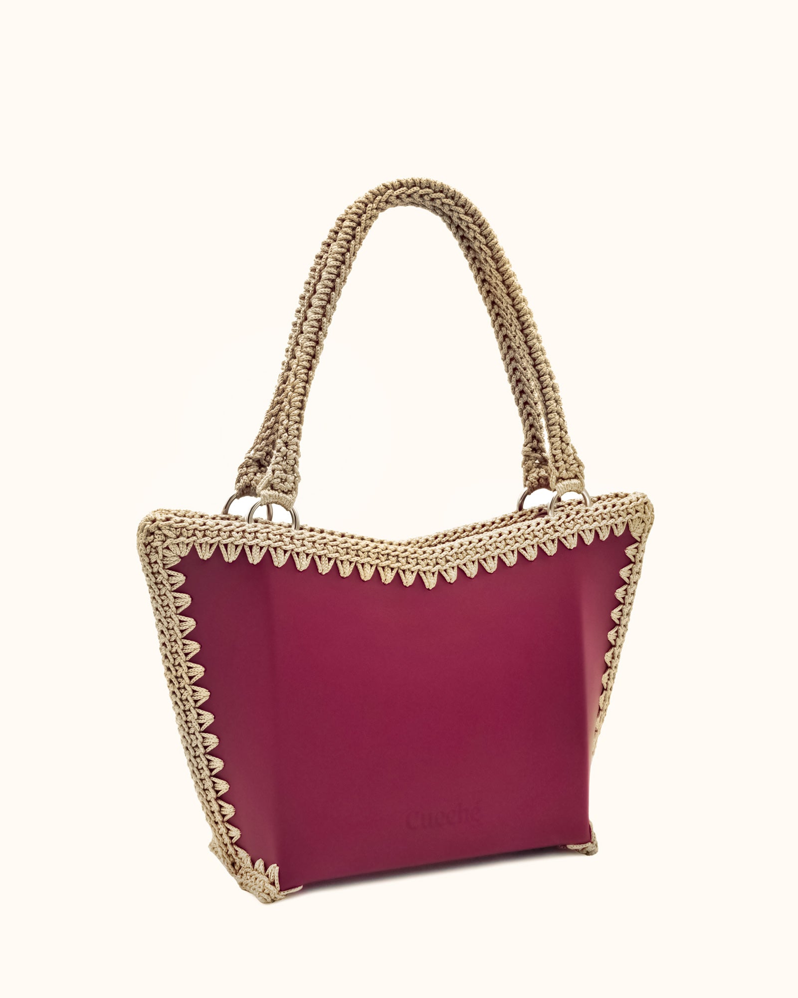 Bolso shopper mediano artesanal Tatyana M burdeos y beige de cuero y crochet - Hecho a mano por Cueché