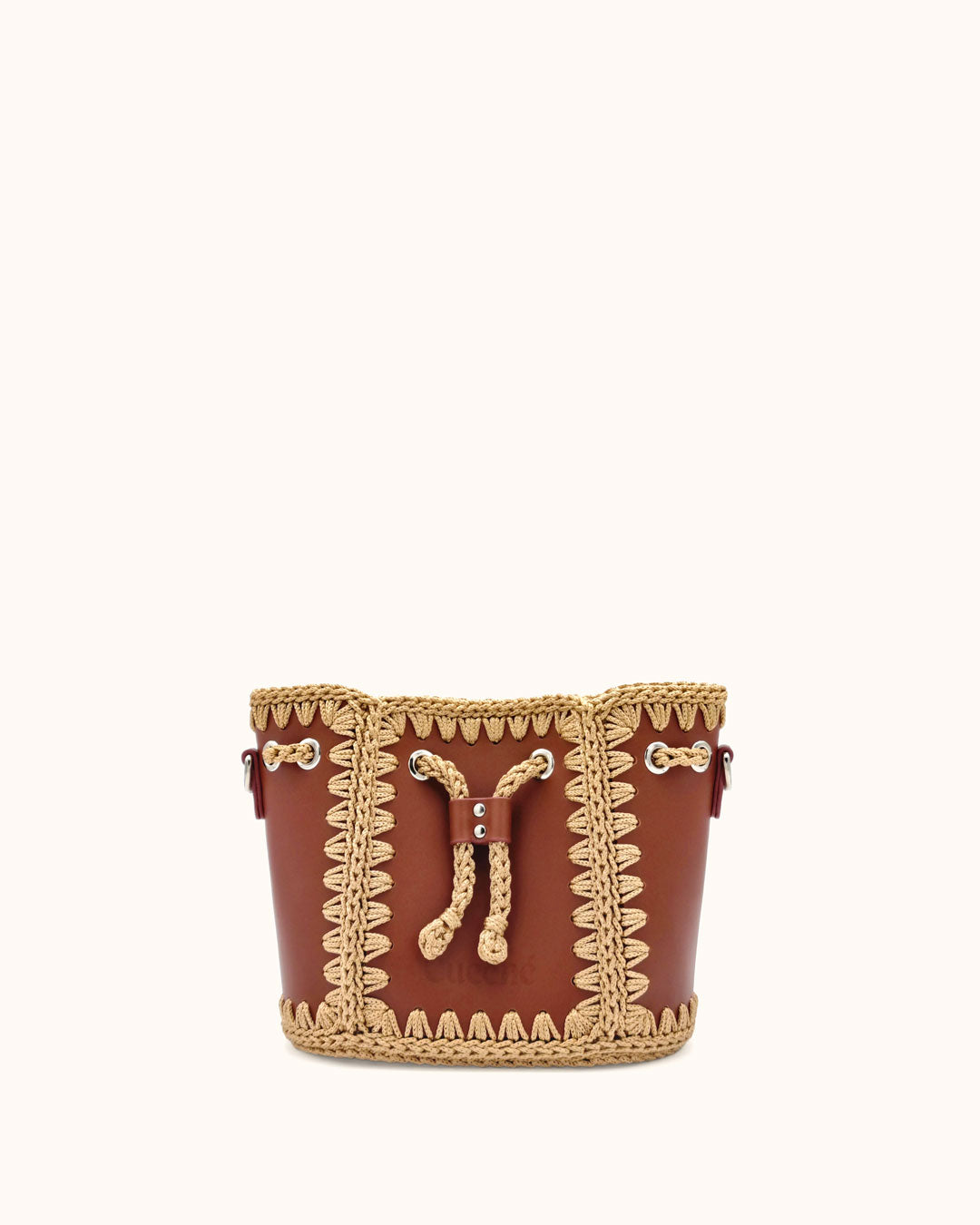 Bolso bombonera pequeño artesanal Olga S marrón de cuero y crochet - Hecho a mano por Cueché