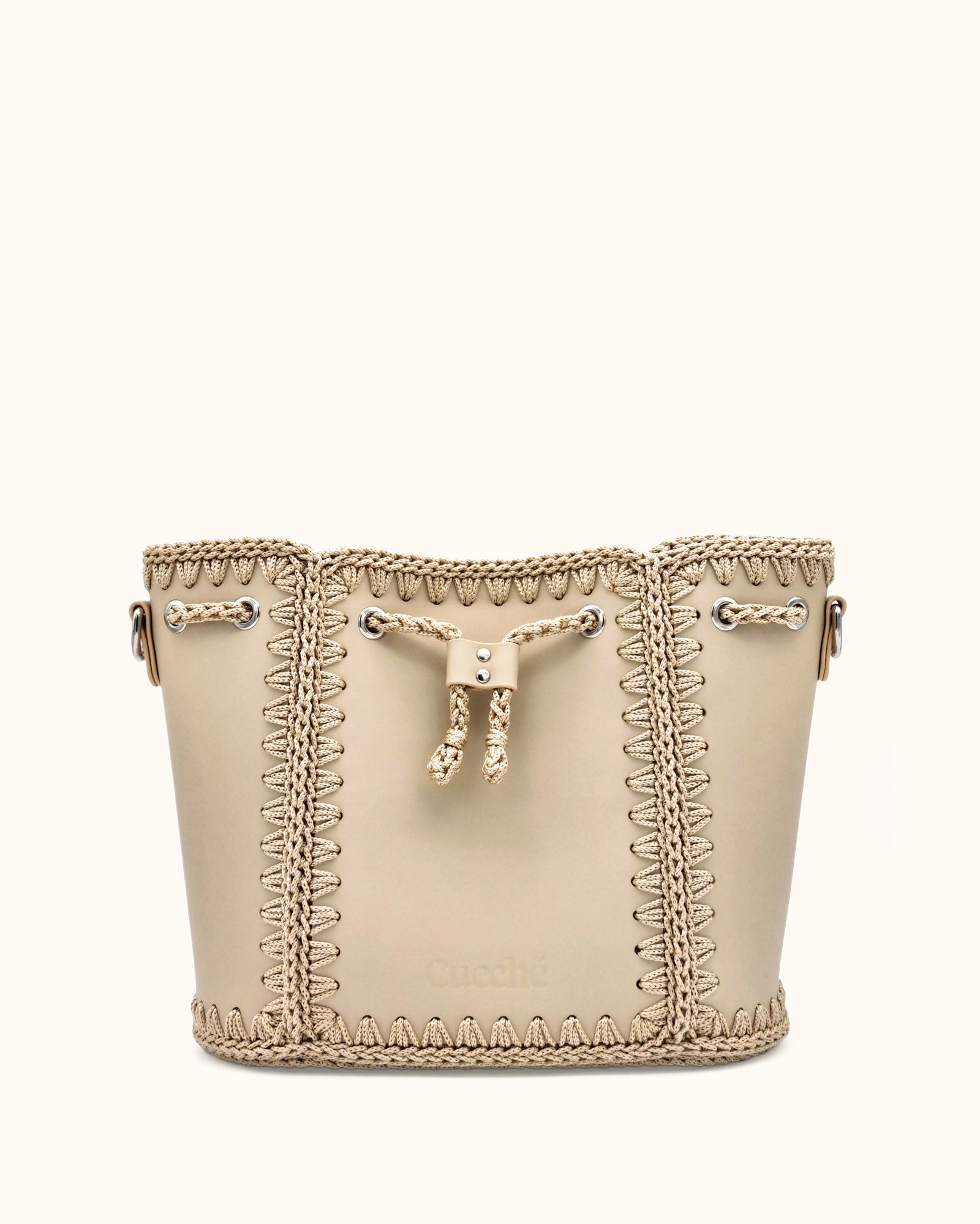 Bolso bombonera grande artesanal Olga L beige de cuero y crochet - Hecho a mano por Cueché
