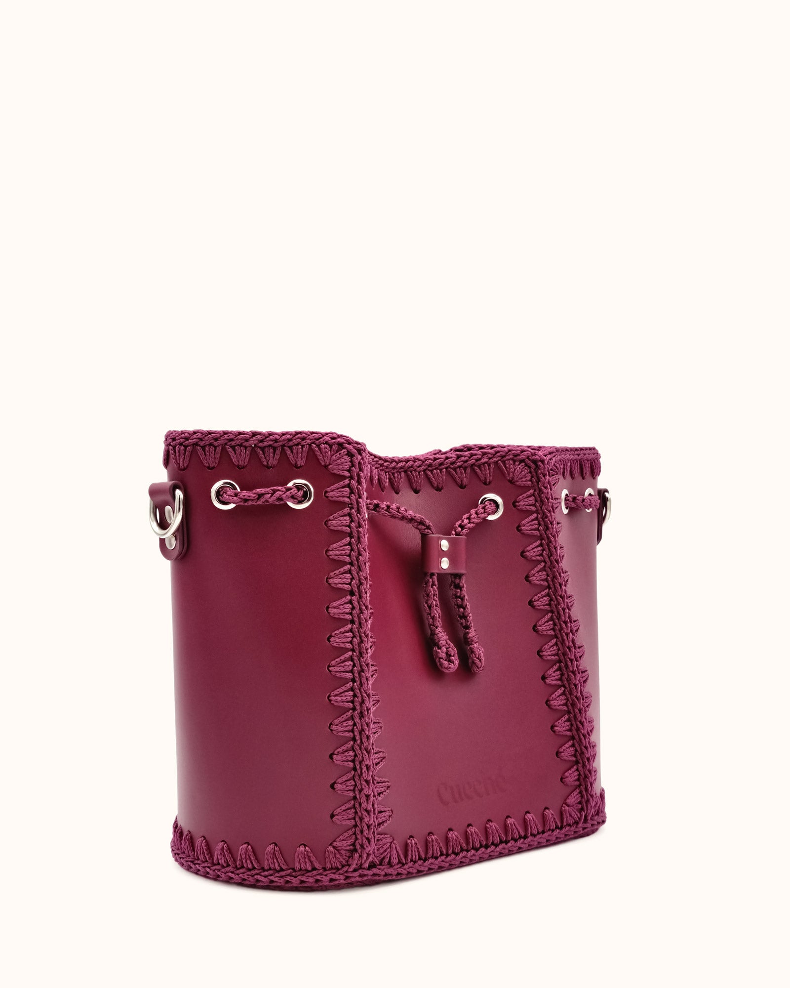 Bolso bombonera grande artesanal Olga L burdeos de cuero y crochet - Hecho a mano por Cueché