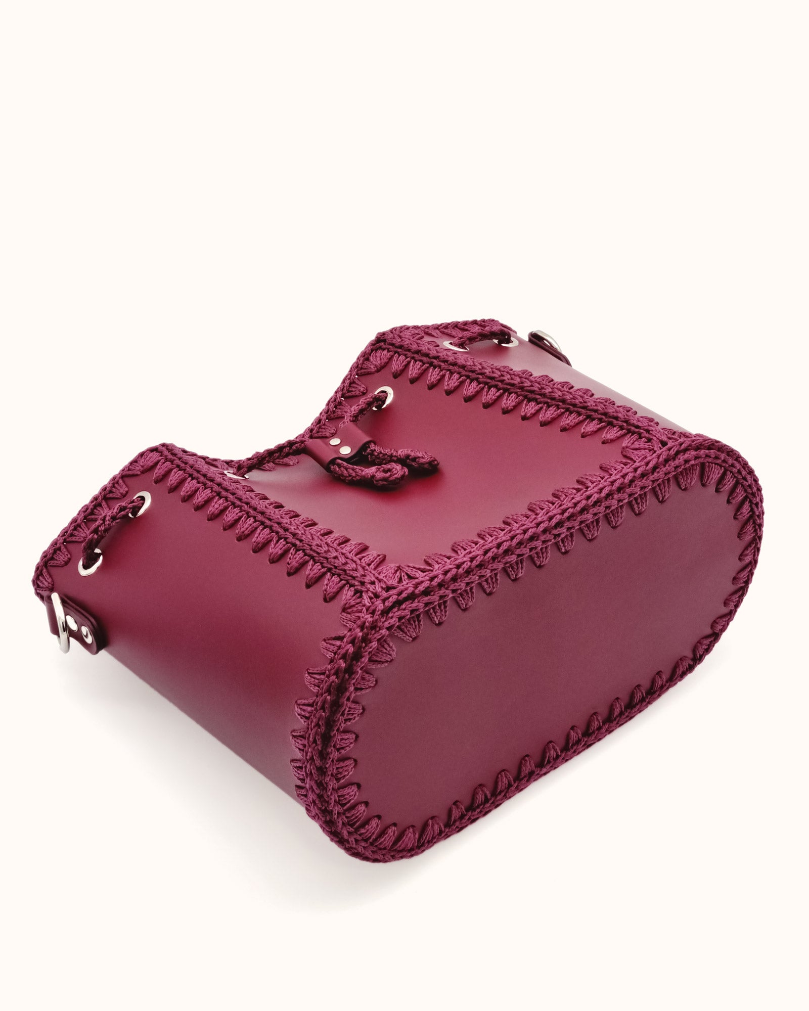 Bolso bombonera grande artesanal Olga L burdeos de cuero y crochet - Hecho a mano por Cueché