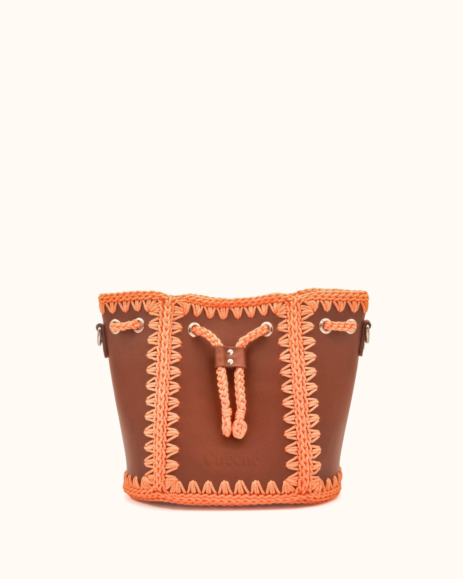 Bolso bombonera mediano artesanal Olga M marrón y naranja de cuero y crochet - Hecho a mano por Cueché