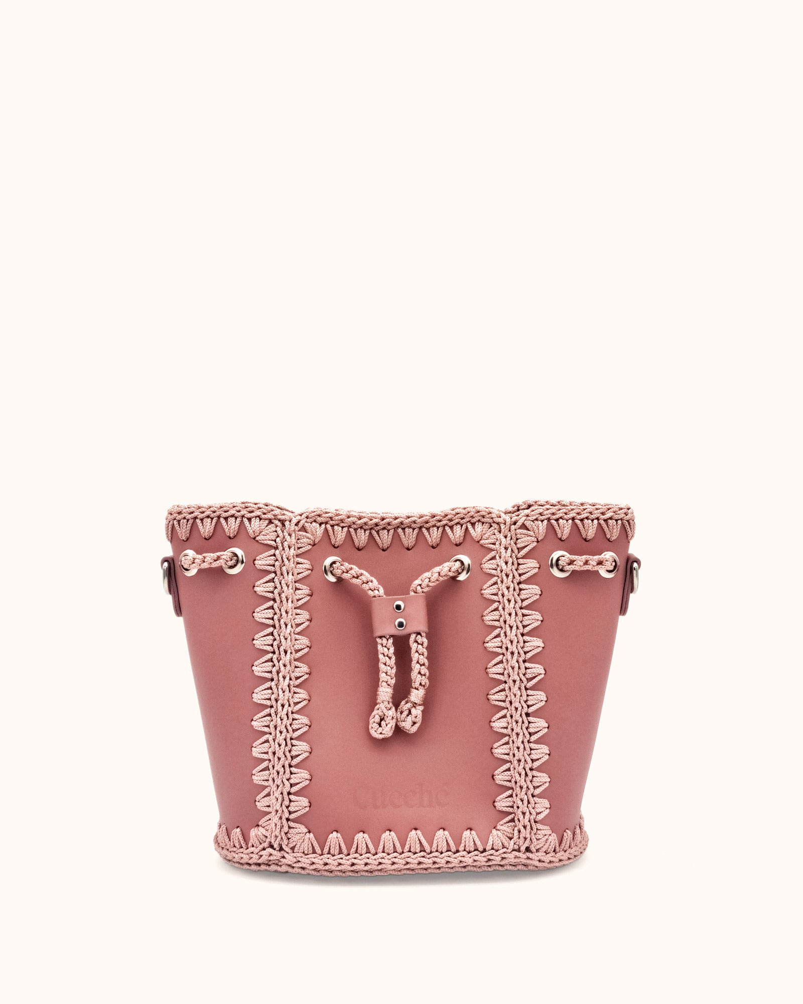 Bolso bombonera mediano artesanal Olga M rosa de cuero y crochet - Hecho a mano por Cueché