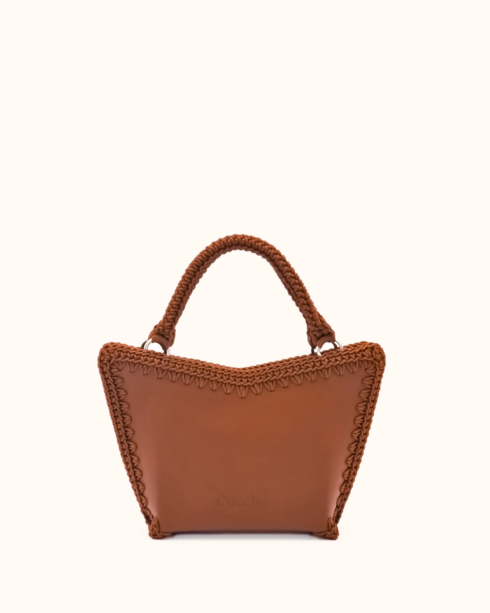 Bolso shopper pequeño artesanal Tatyana S marron de cuero y crochet - Hecho a mano por Cueché