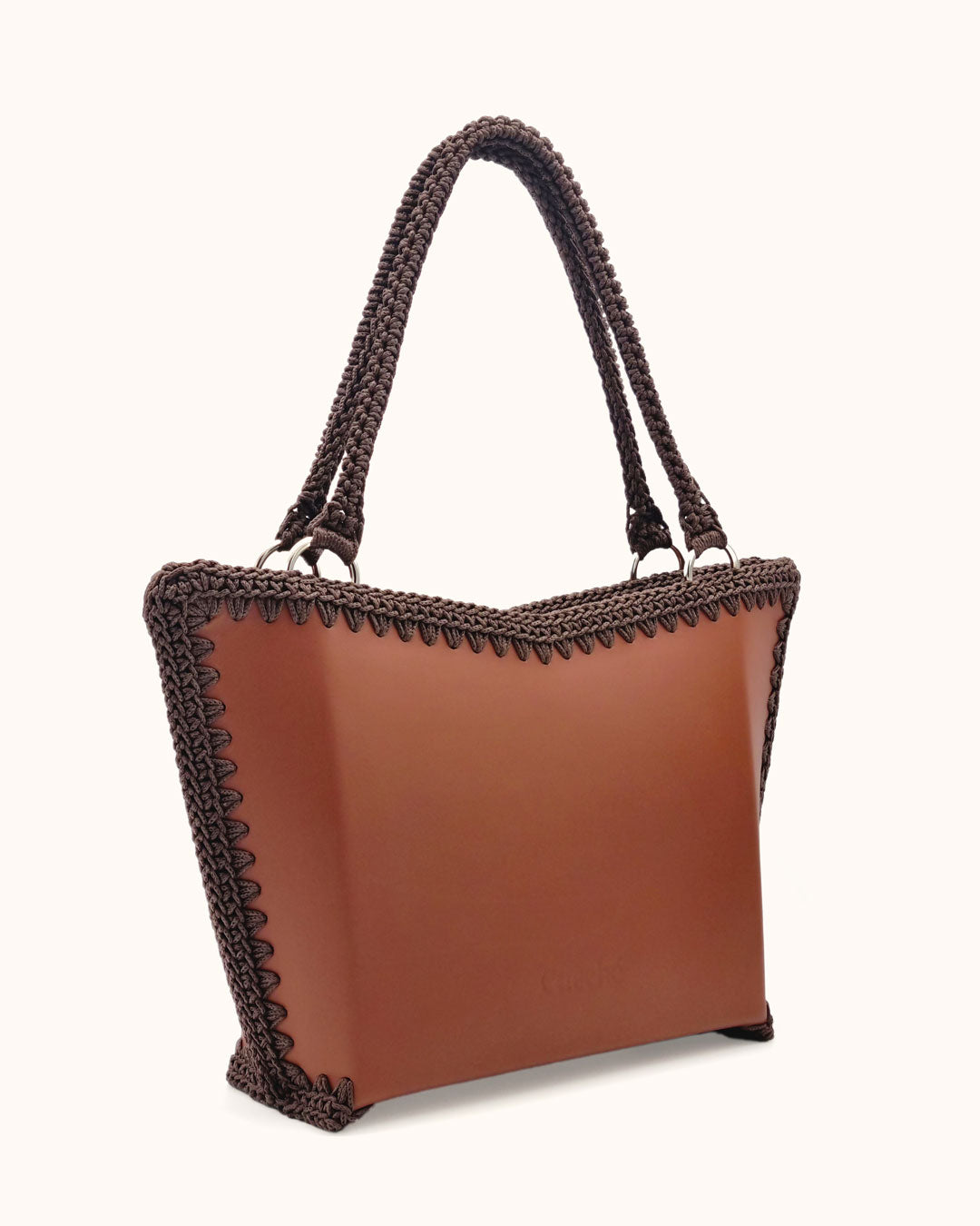 Bolso shopper grande artesanal Tatyana L marrón de cuero y crochet - Hecho a mano por Cueché