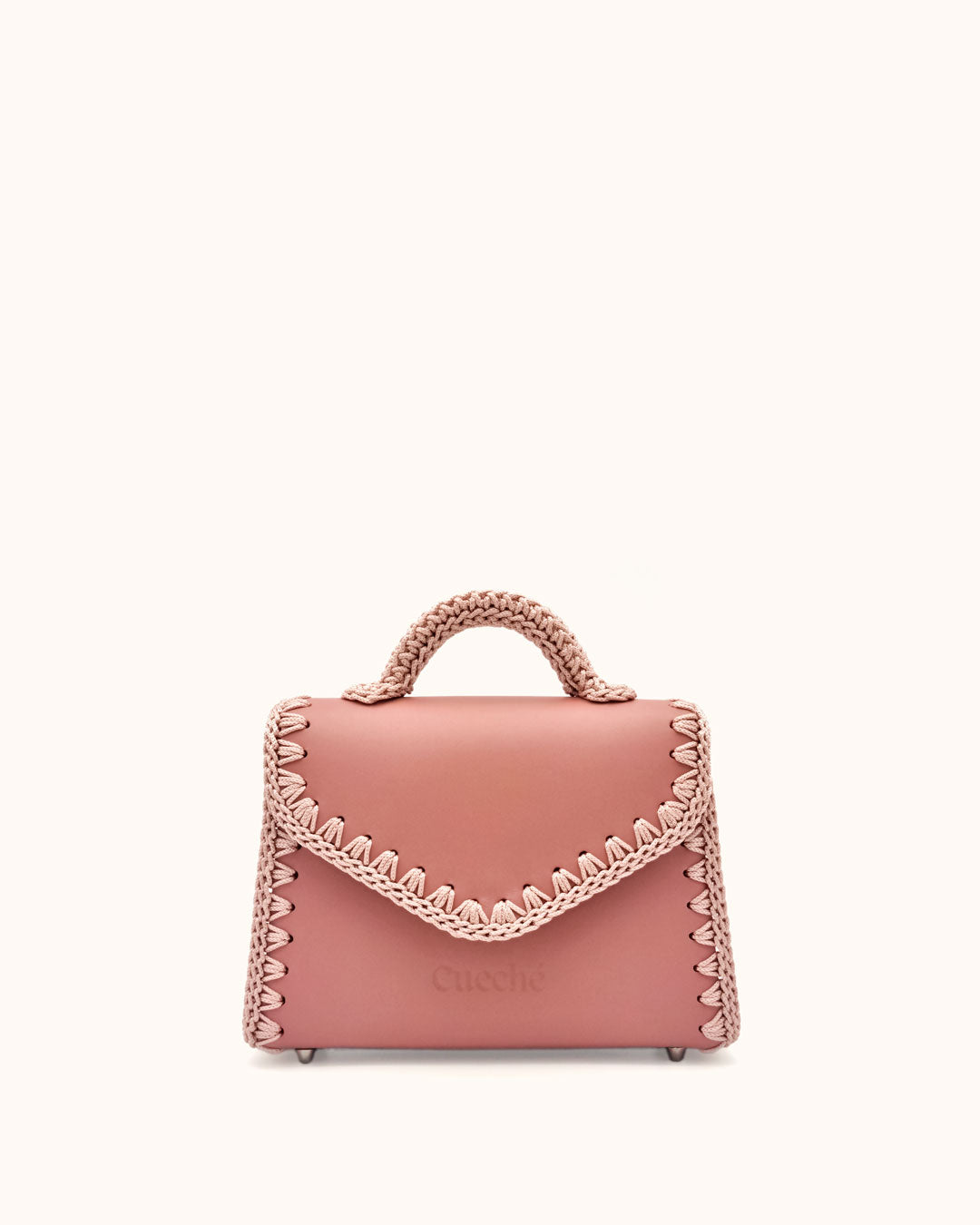 Bolso pequeño tipo satchel Sofía S en color rosa, artesanal, de cuero con crochet hecho a mano por Cueché